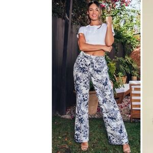 Beau Dawson Linen Blend Wide Leg Pants XL Midnight Print Floral Smocked Crochet